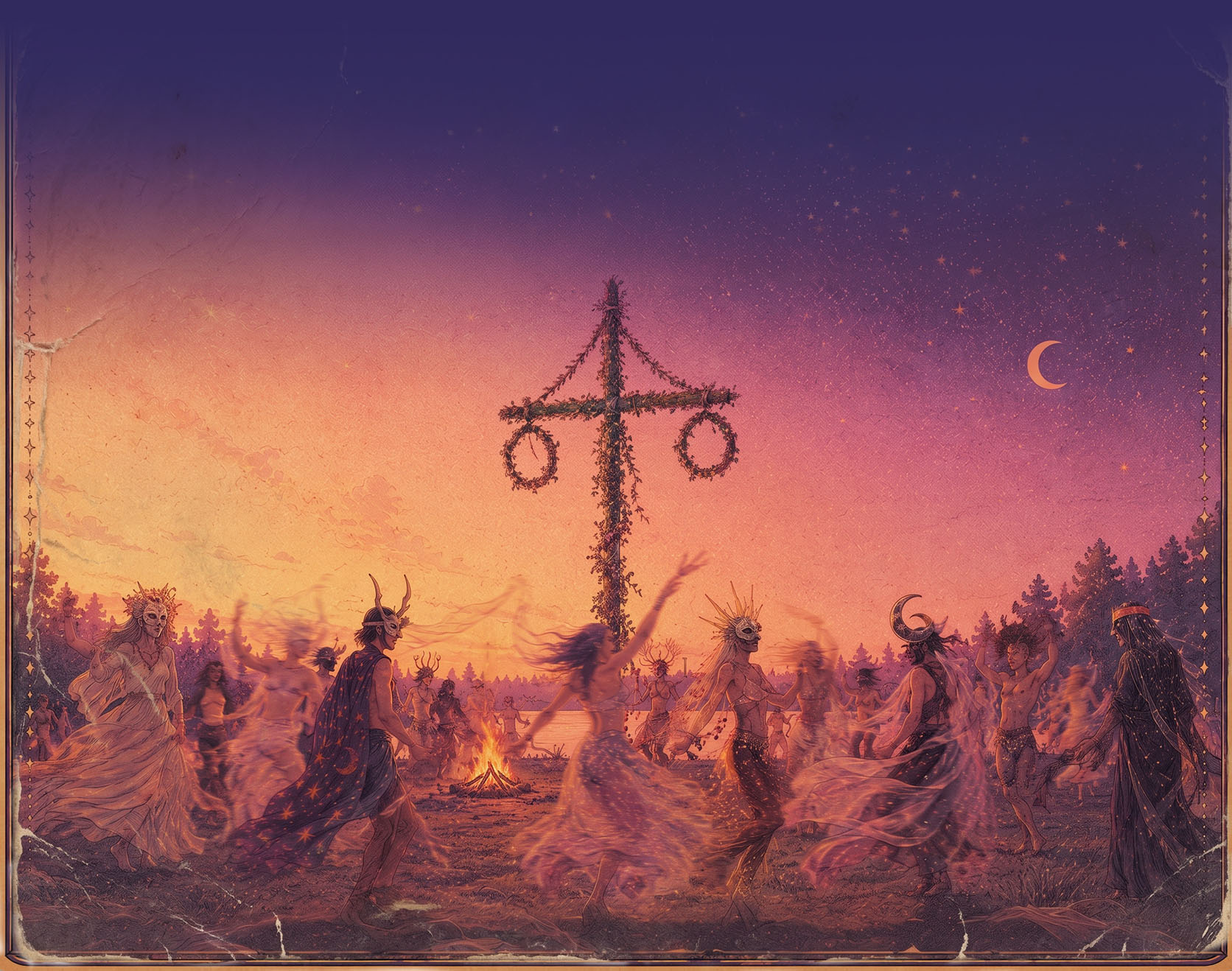 Costumed figures dancing around a midsummer pole at twilight