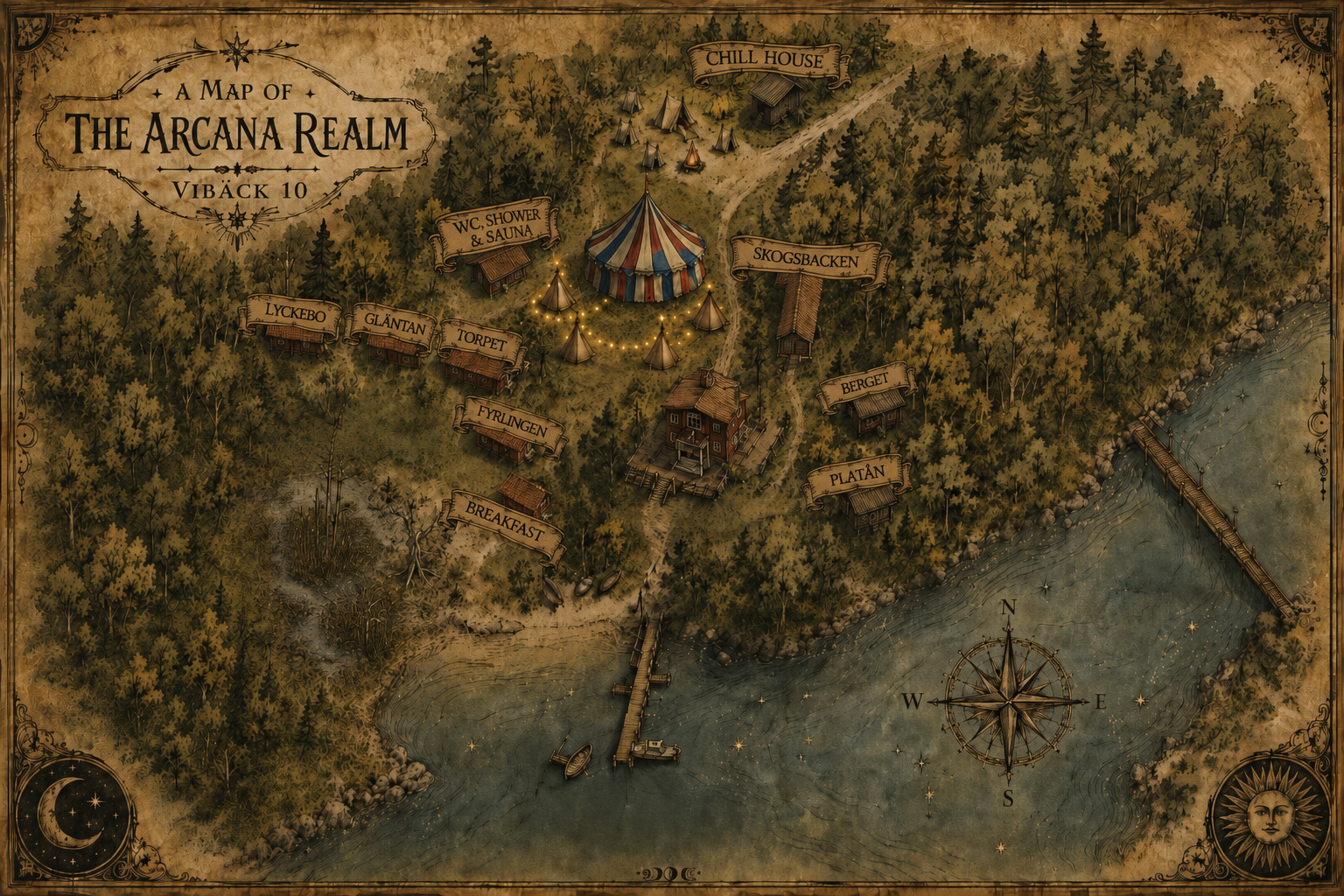 A hand drawn map of the Arcana Realm at Vibäck 10, with cabins, the circus tent, sauna, chill house, and the shore